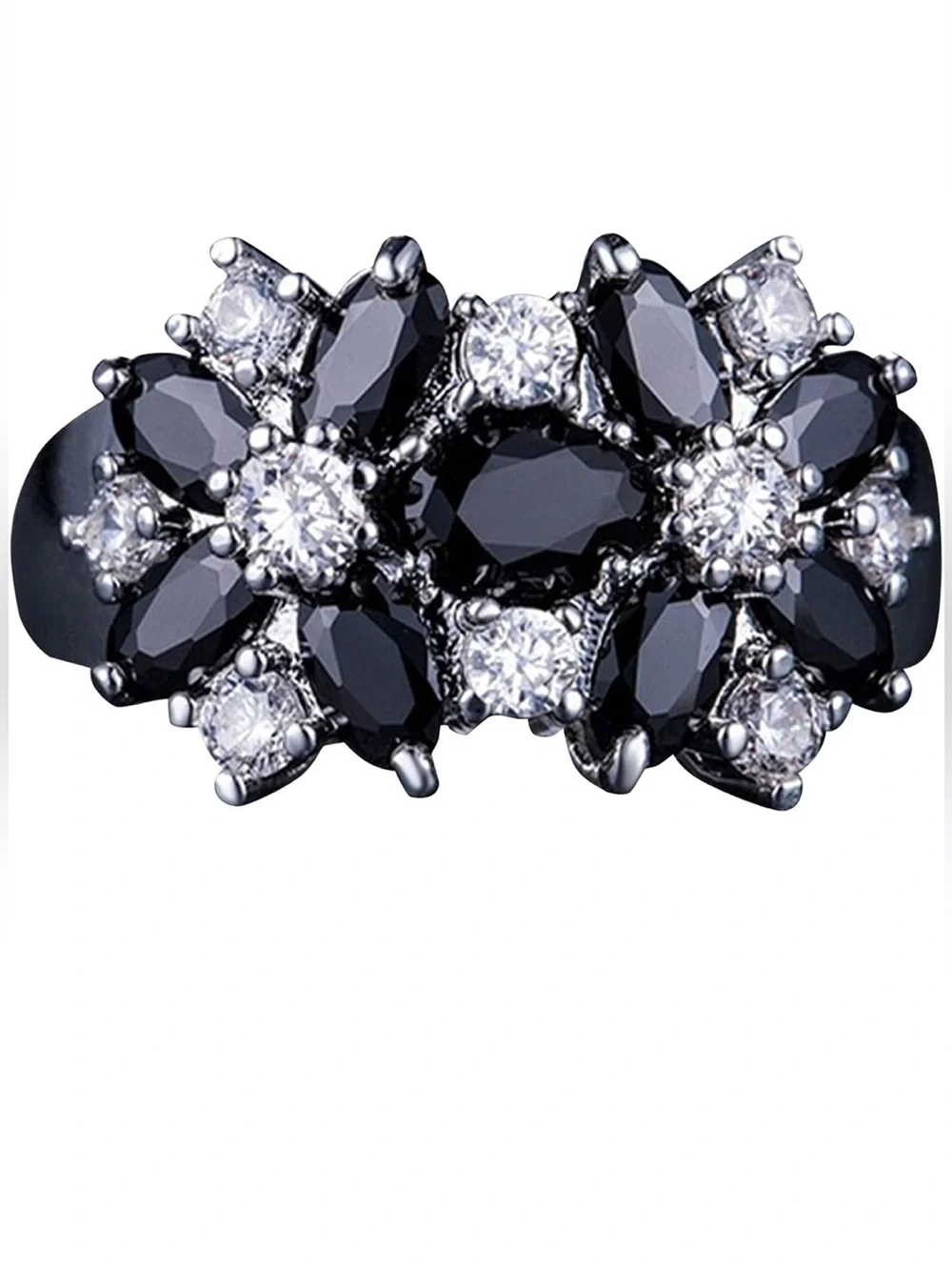 Whimsygoth 925 Silver RING Black Clear Cubic Zirconia Floral Cottagecore SZ 8